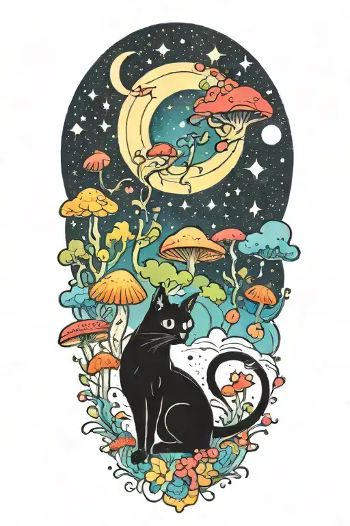 Black Cat With Colorful Mushrooms And Crescent Moon And Clouds And Stars Melting
