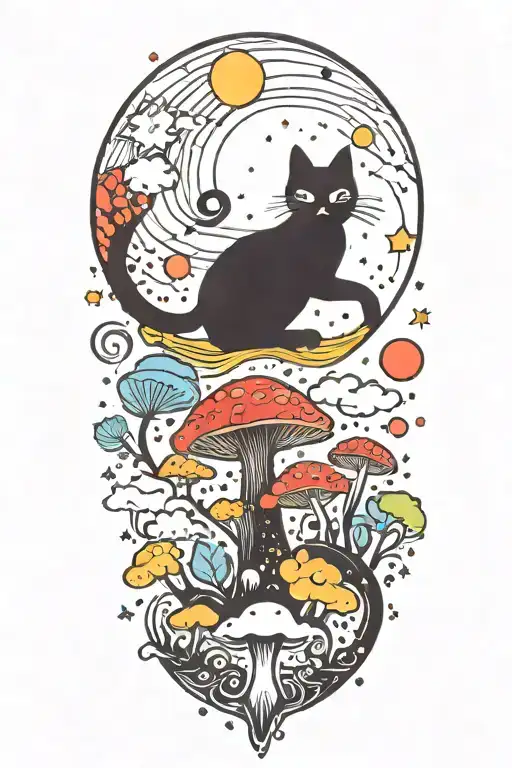 Black Cat With Colorful Mushrooms And Crescent Moon And Clouds And Stars Melting