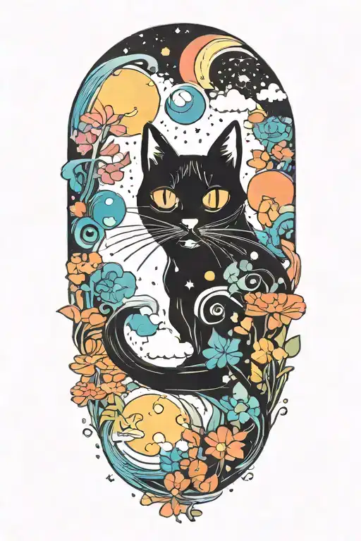 Black Cat With Colorful Mushrooms And Crescent Moon And Clouds And Stars Melting