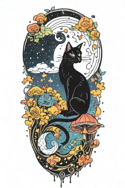 Black Cat With Colorful Mushrooms And Crescent Moon And Clouds And Stars Melting
