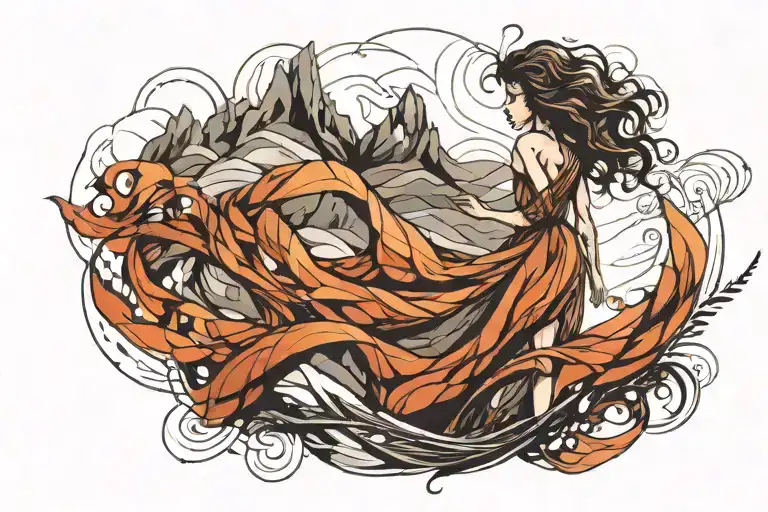 Girl With Dress In The Wind Over Mountain