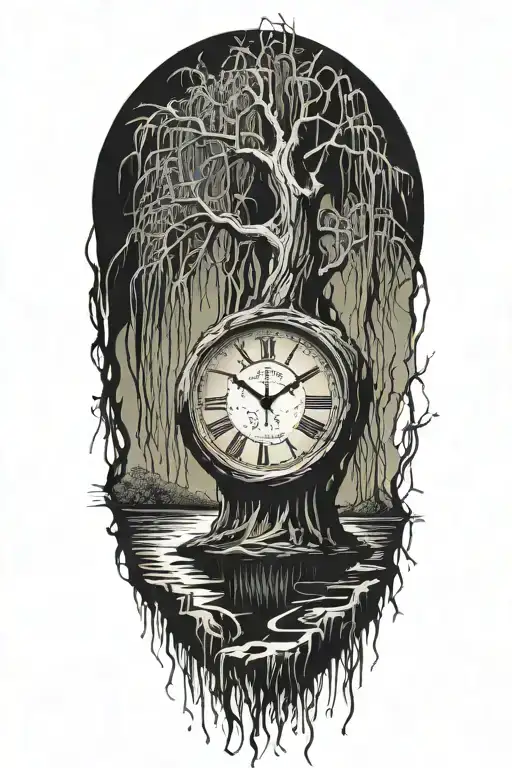 Weeping Willow Tree With Grandfater Clock And Pengelum Inside The Trunk
