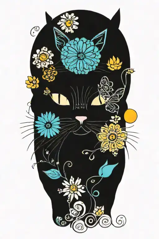 Black Hippie Cat With Trippy Flowers And Sun With Peace Sign