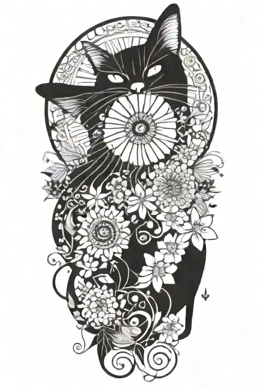 Black Hippie Cat With Trippy Flowers And Sun With Peace Sign