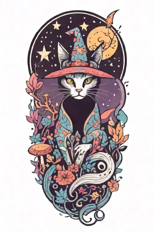 Witch Cat With Moon And Stars And Colorful Mushrooms And Bats