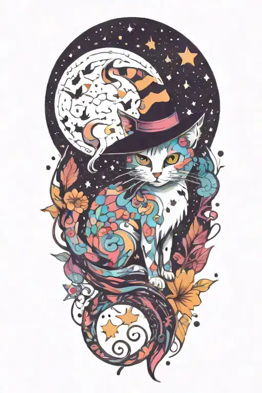 Witch Cat With Moon And Stars And Colorful Mushrooms And Bats