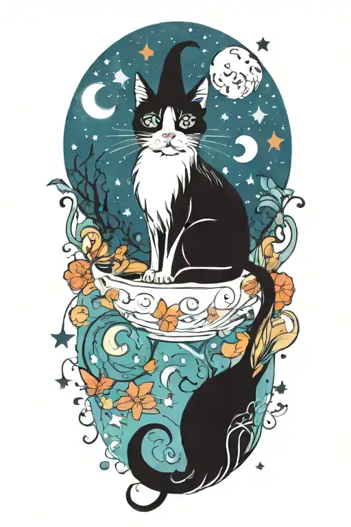 Witch Cat With Moon And Stars And Colorful Mushrooms And Bats