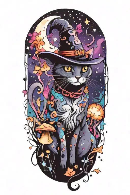 Witch Cat With Moon And Stars And Colorful Mushrooms And Bats