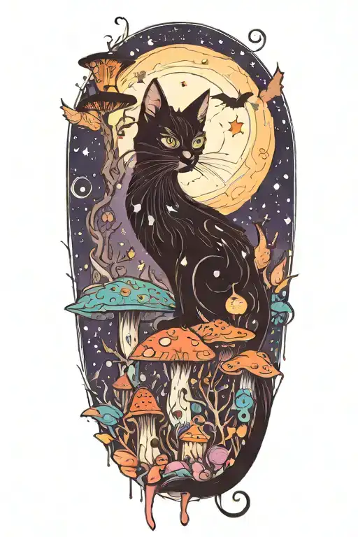 Witch Cat With Moon And Stars And Colorful Mushrooms And Bats