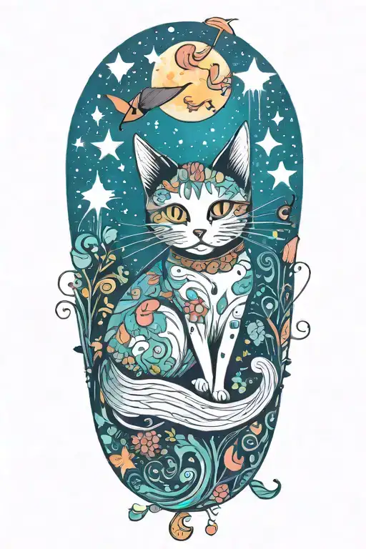 Witch Cat With Moon And Stars And Colorful Mushrooms And Bats