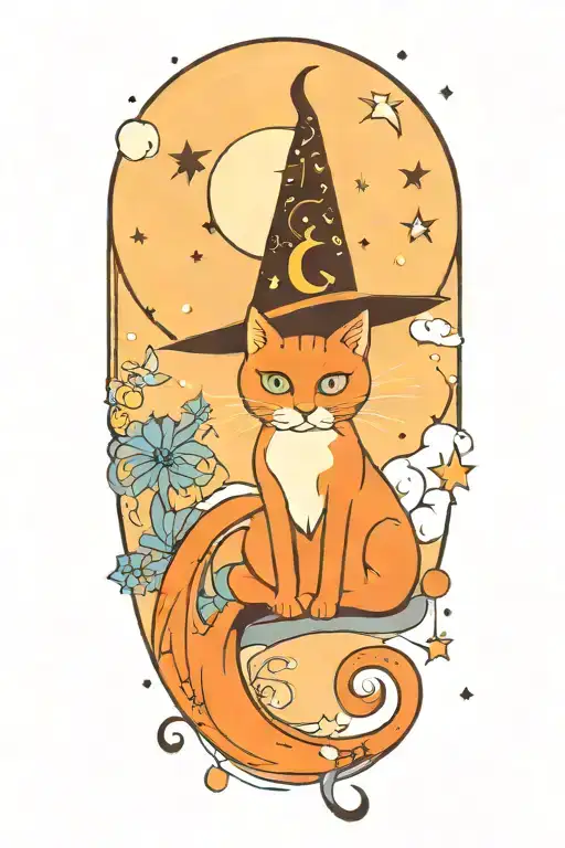 Witch Cat With Moon And Stars And Colorful Mushrooms And Bats