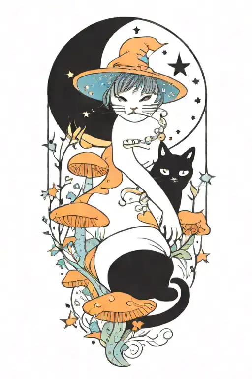 Witch Cat With Moon And Stars And Colorful Mushrooms And Bats