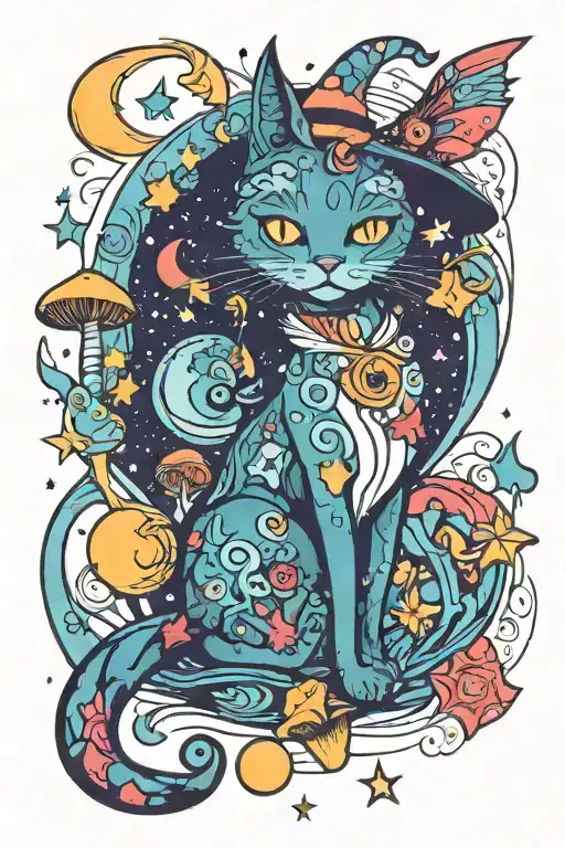 Witch Cat With Moon And Stars And Colorful Mushrooms Trippy