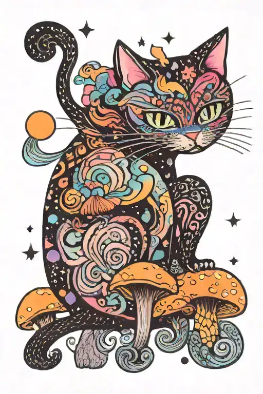 Witch Cat With Moon And Stars And Colorful Mushrooms Trippy