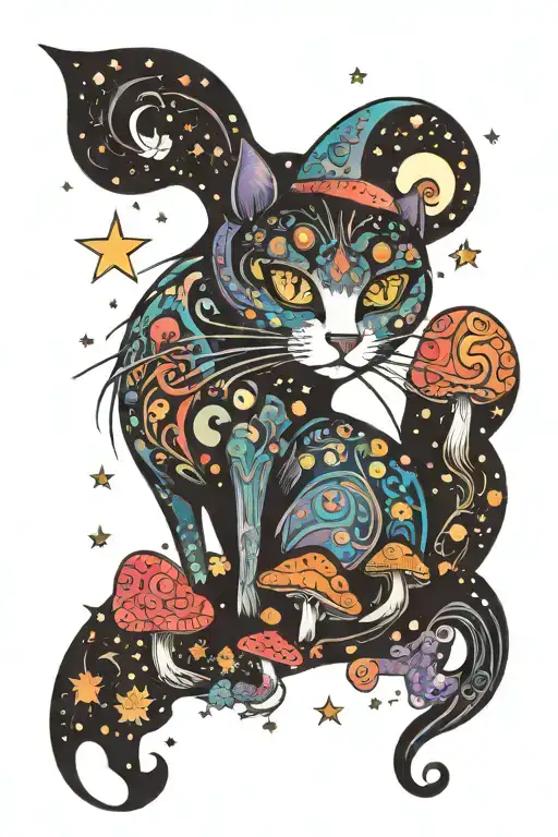 Witch Cat With Moon And Stars And Colorful Mushrooms Trippy