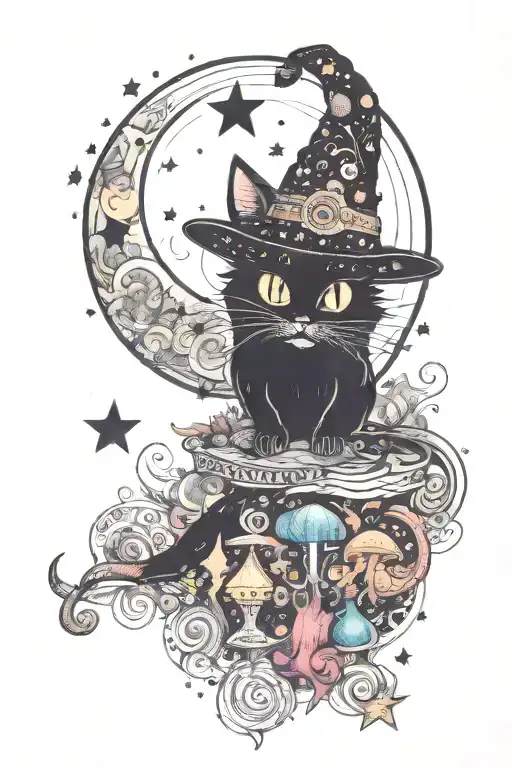 Witch Cat With Moon And Stars And Colorful Mushrooms Trippy