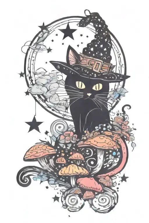 Witch Cat With Moon And Stars And Colorful Mushrooms Trippy