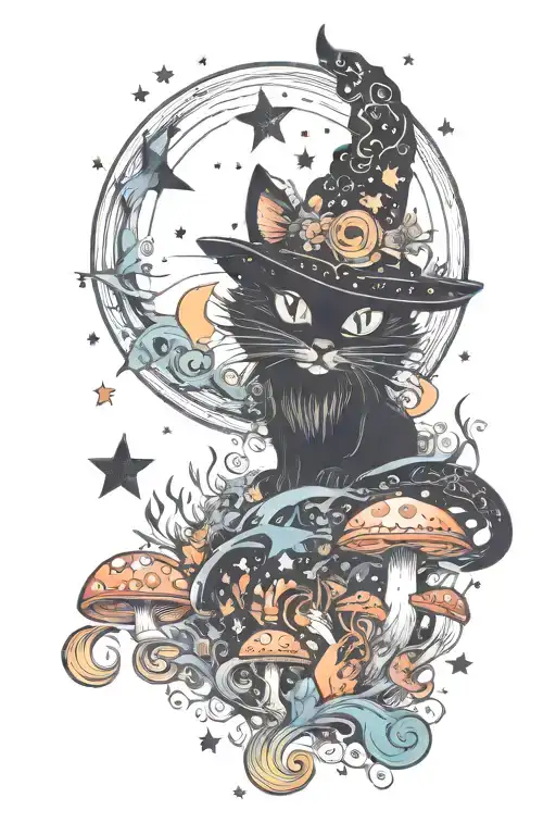Witch Cat With Moon And Stars And Colorful Mushrooms Trippy