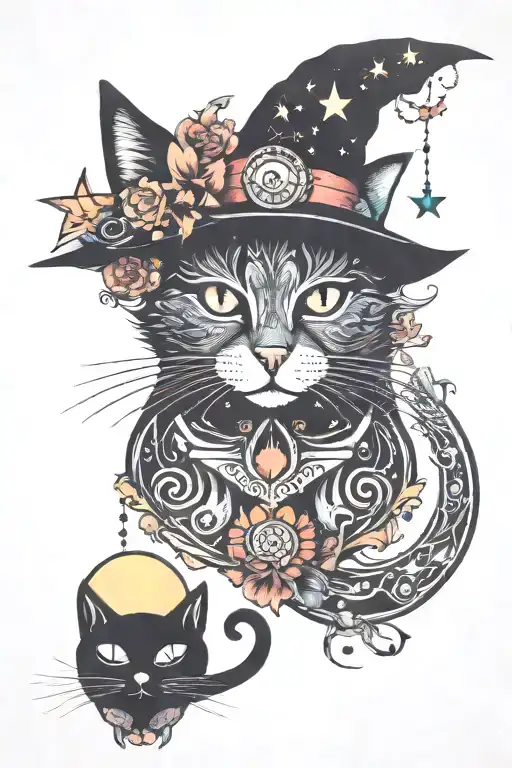 Witch Cat With Moon And Stars And Colorful Mushrooms Trippy
