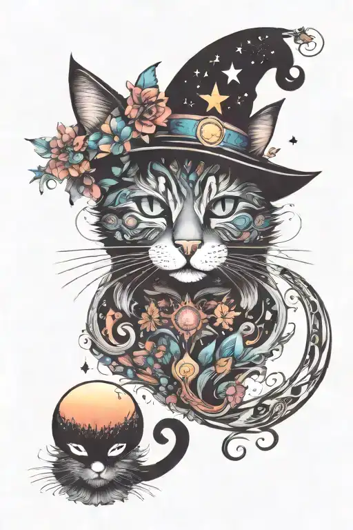 Witch Cat With Moon And Stars And Colorful Mushrooms Trippy