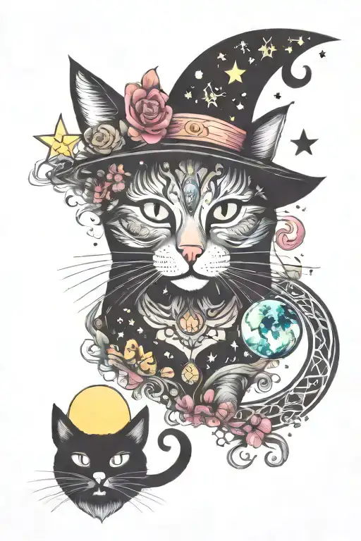Witch Cat With Moon And Stars And Colorful Mushrooms Trippy