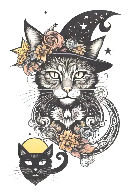 Witch Cat With Moon And Stars And Colorful Mushrooms Trippy