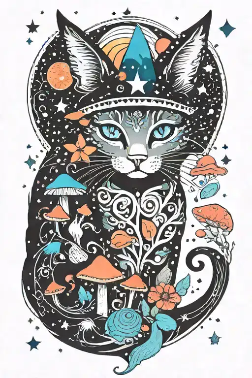 Witch Cat With Moon And Stars And Colorful Mushrooms Trippy