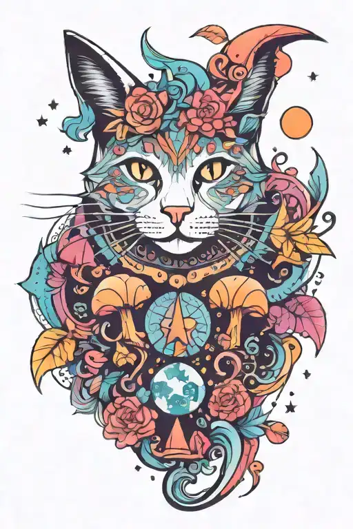 Witch Cat With Moon And Stars And Colorful Mushrooms Trippy