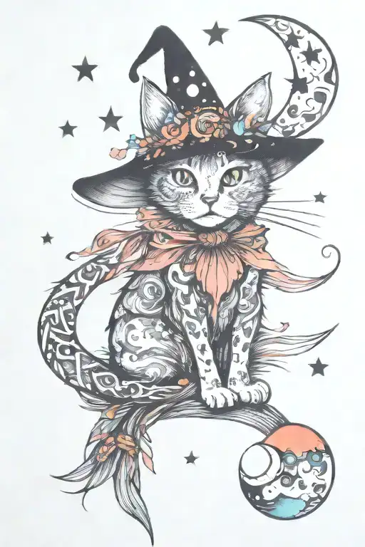 Witch Cat With Moon And Stars And Colorful Mushrooms Trippy
