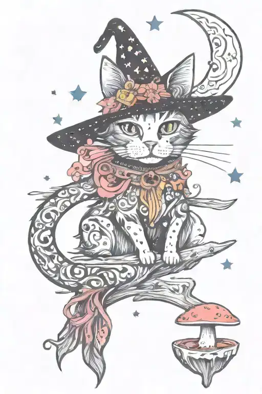 Witch Cat With Moon And Stars And Colorful Mushrooms Trippy