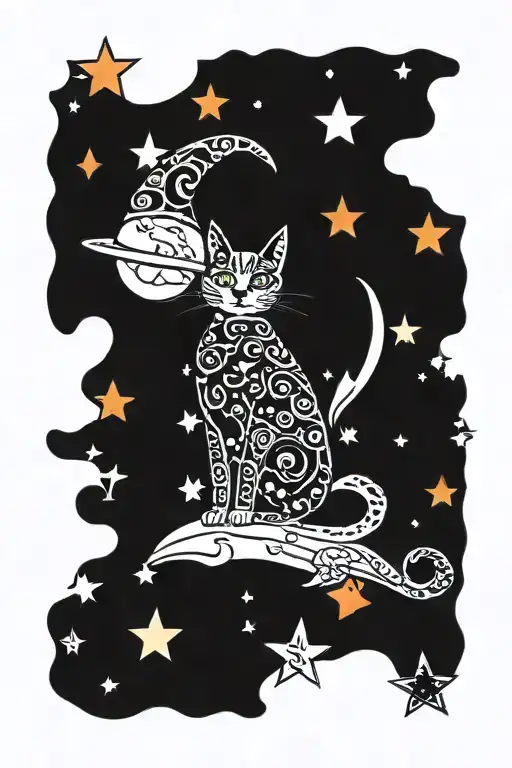 Witch Cat With Moon And Stars And Colorful Mushrooms Trippy