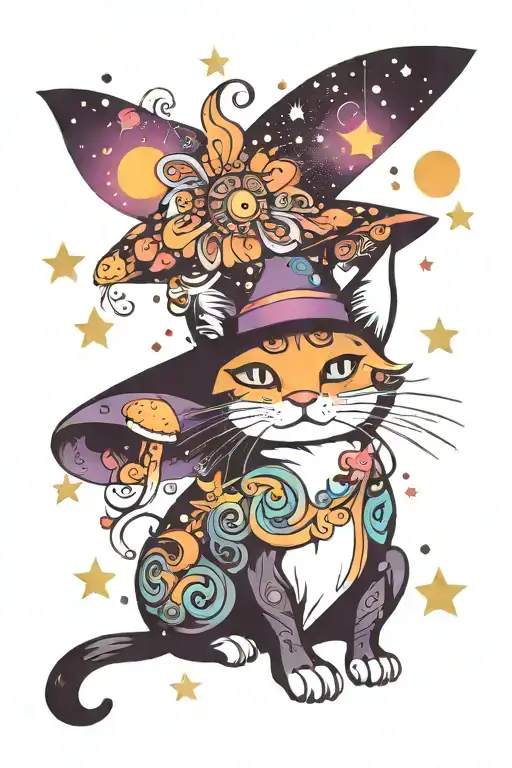 Witch Cat With Moon And Stars And Colorful Mushrooms Trippy