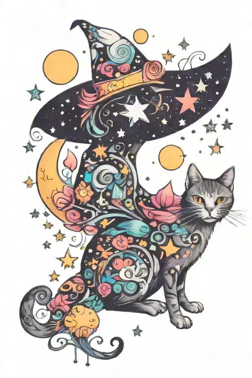 Witch Cat With Moon And Stars And Colorful Mushrooms Trippy