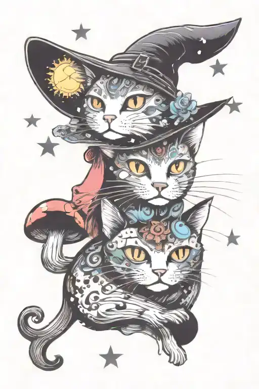 Witch Cat With Moon And Stars And Colorful Mushrooms Trippy