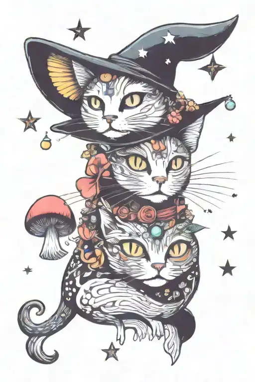 Witch Cat With Moon And Stars And Colorful Mushrooms Trippy