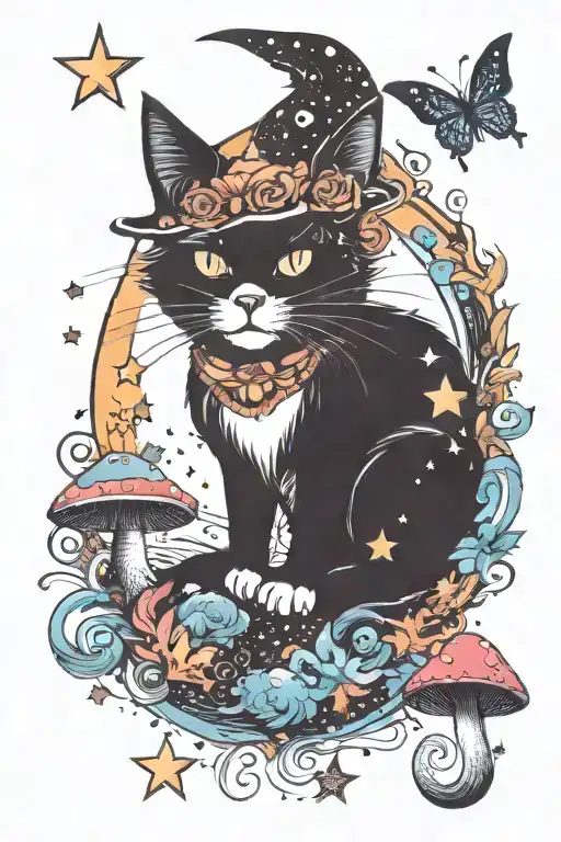 Witch Cat With Moon And Stars And Colorful Mushrooms Trippy