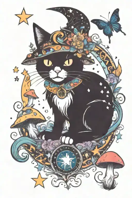 Witch Cat With Moon And Stars And Colorful Mushrooms Trippy