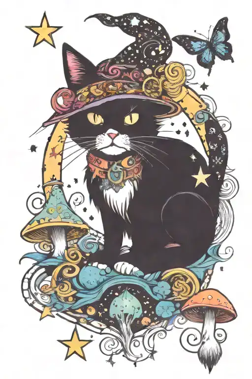 Witch Cat With Moon And Stars And Colorful Mushrooms Trippy