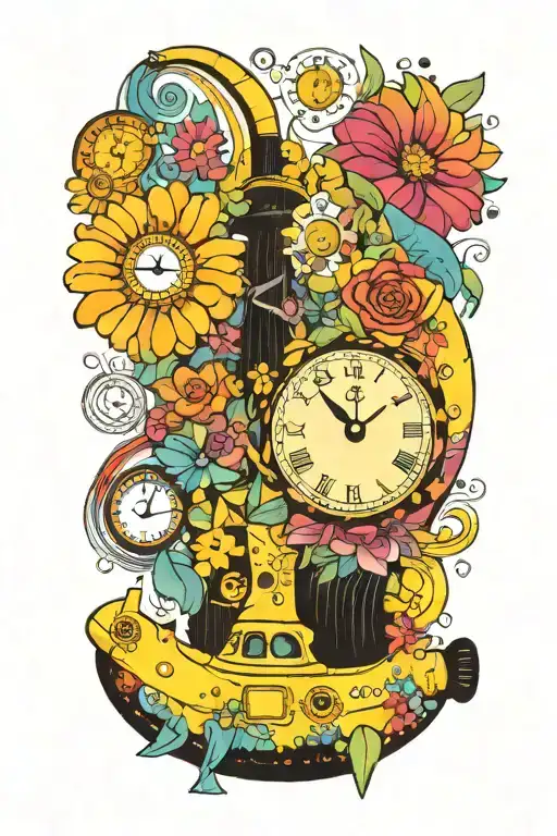 Yellow Submarine With Colorful Flowers And Clock And Rainbow