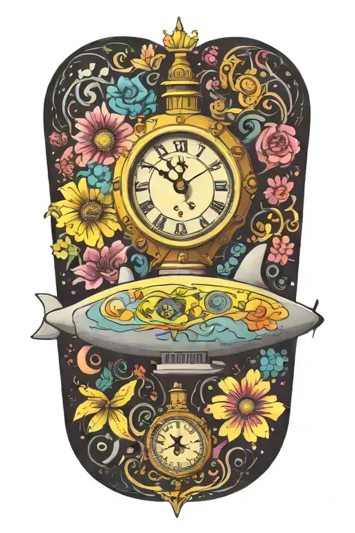 Yellow Submarine With Colorful Flowers And Clock And Rainbow