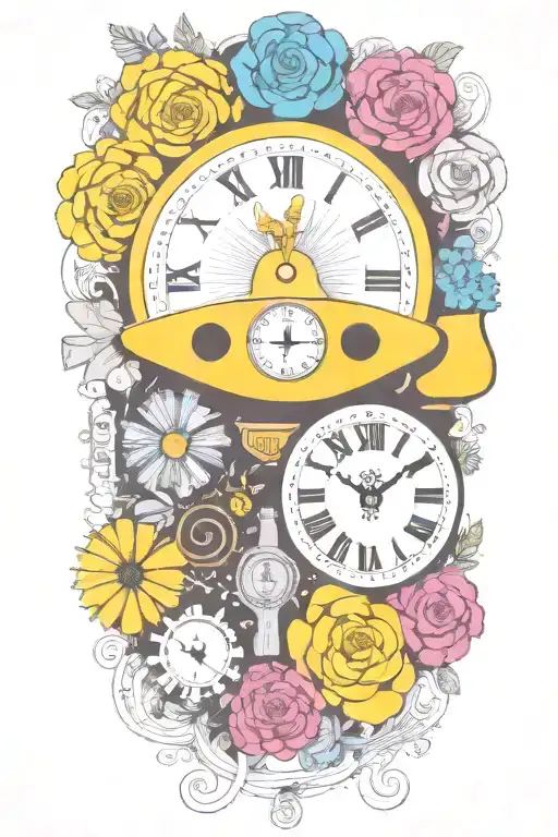 Yellow Submarine With Colorful Flowers And Clock And Rainbow