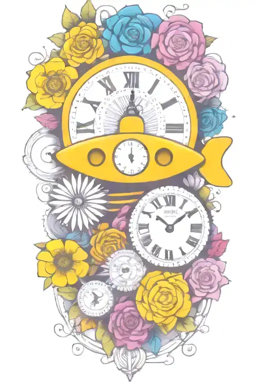 Yellow Submarine With Colorful Flowers And Clock And Rainbow