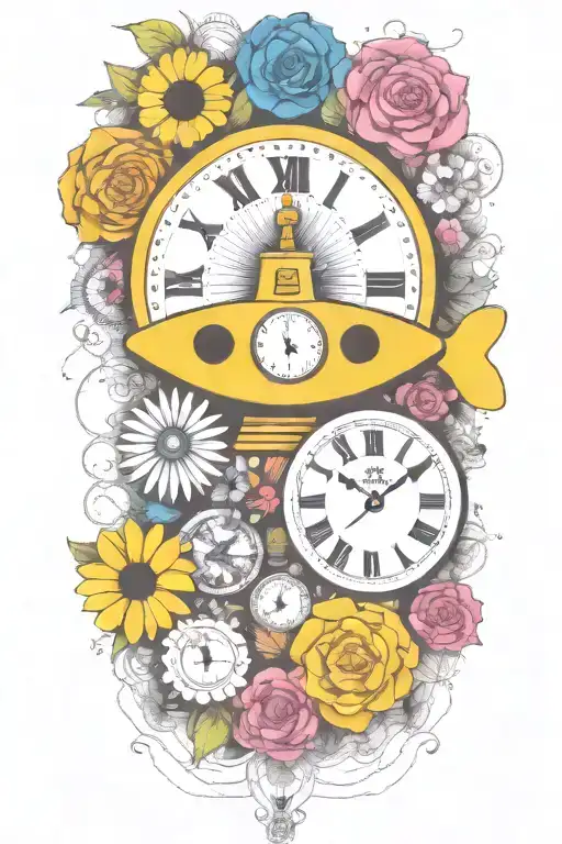 Yellow Submarine With Colorful Flowers And Clock And Rainbow