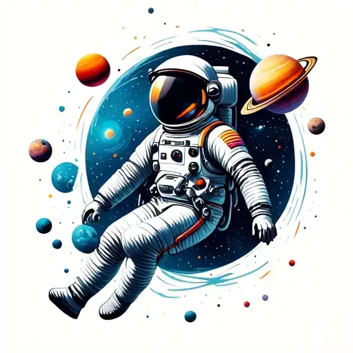 Astronaut Floating In Space Surrounded By Planets