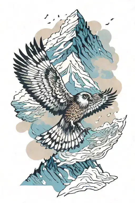 Flying Little Falcon Against The Background Of Snowy Mountains And Clouds