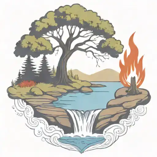 A Rowan Berry Tree And A Campfire Beside A River Waterfalling Down The Front