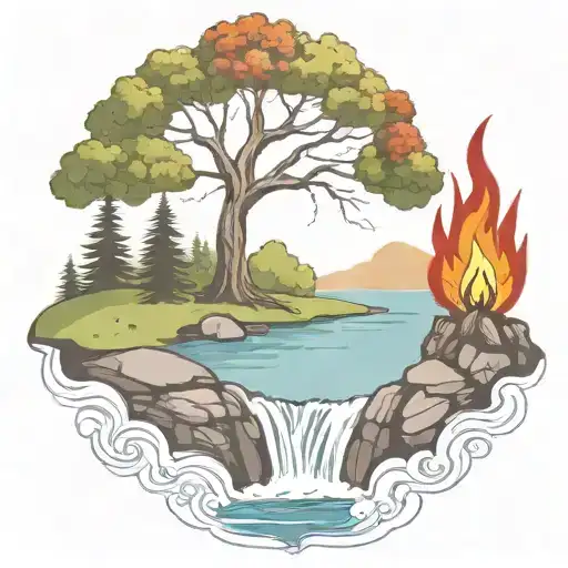 A Rowan Berry Tree And A Campfire Beside A River Waterfalling Down The Front