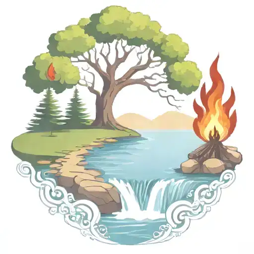 A Rowan Berry Tree And A Campfire Beside A River Waterfalling Down The Front
