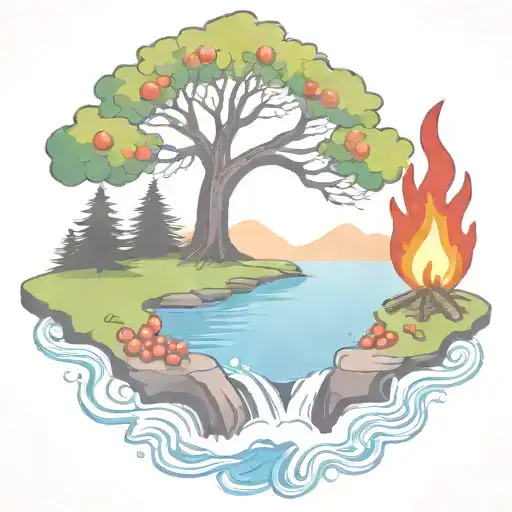 A Rowan Berry Tree And A Campfire Beside A River Waterfalling Down The Front