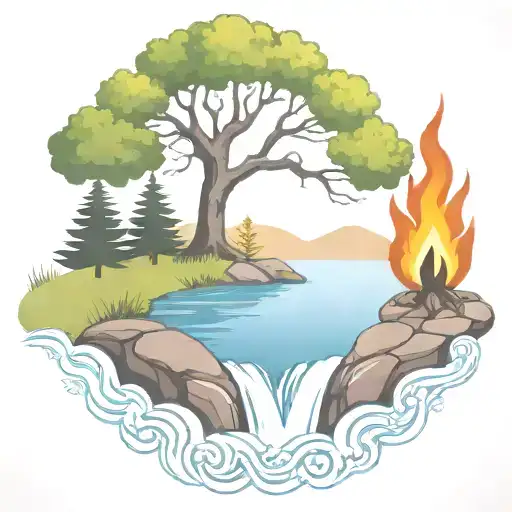 A Rowan Berry Tree And A Campfire Beside A River Waterfalling Down The Front